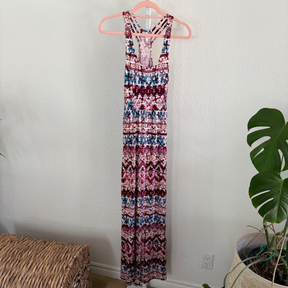 Mudd Maxi Dress Small Boho Geometric Rayon Stretch Strappy Racerback Indie